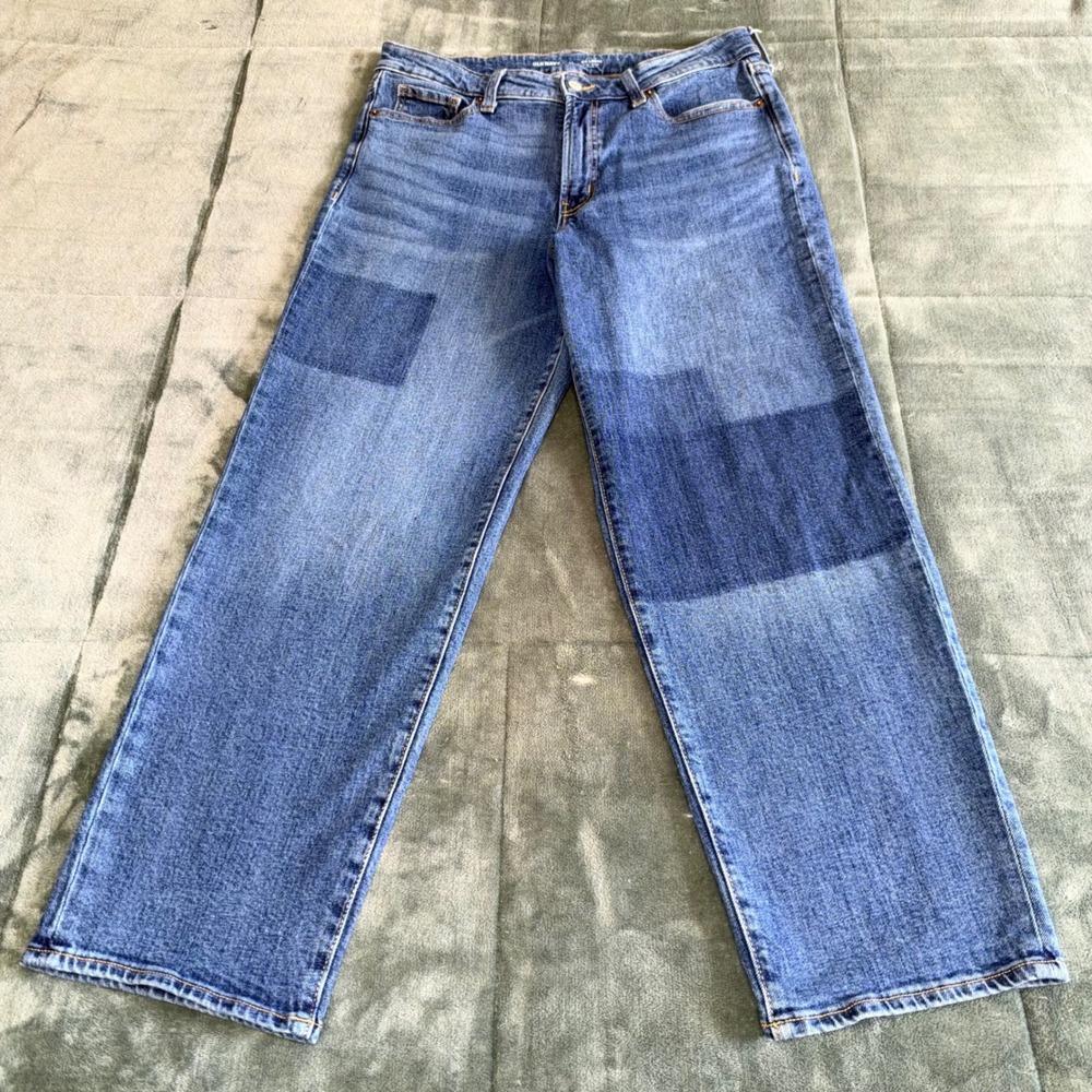 Old Navy OG Loose Patchwork High Waisted Wide Leg Jeans Blue Denim Womens 14